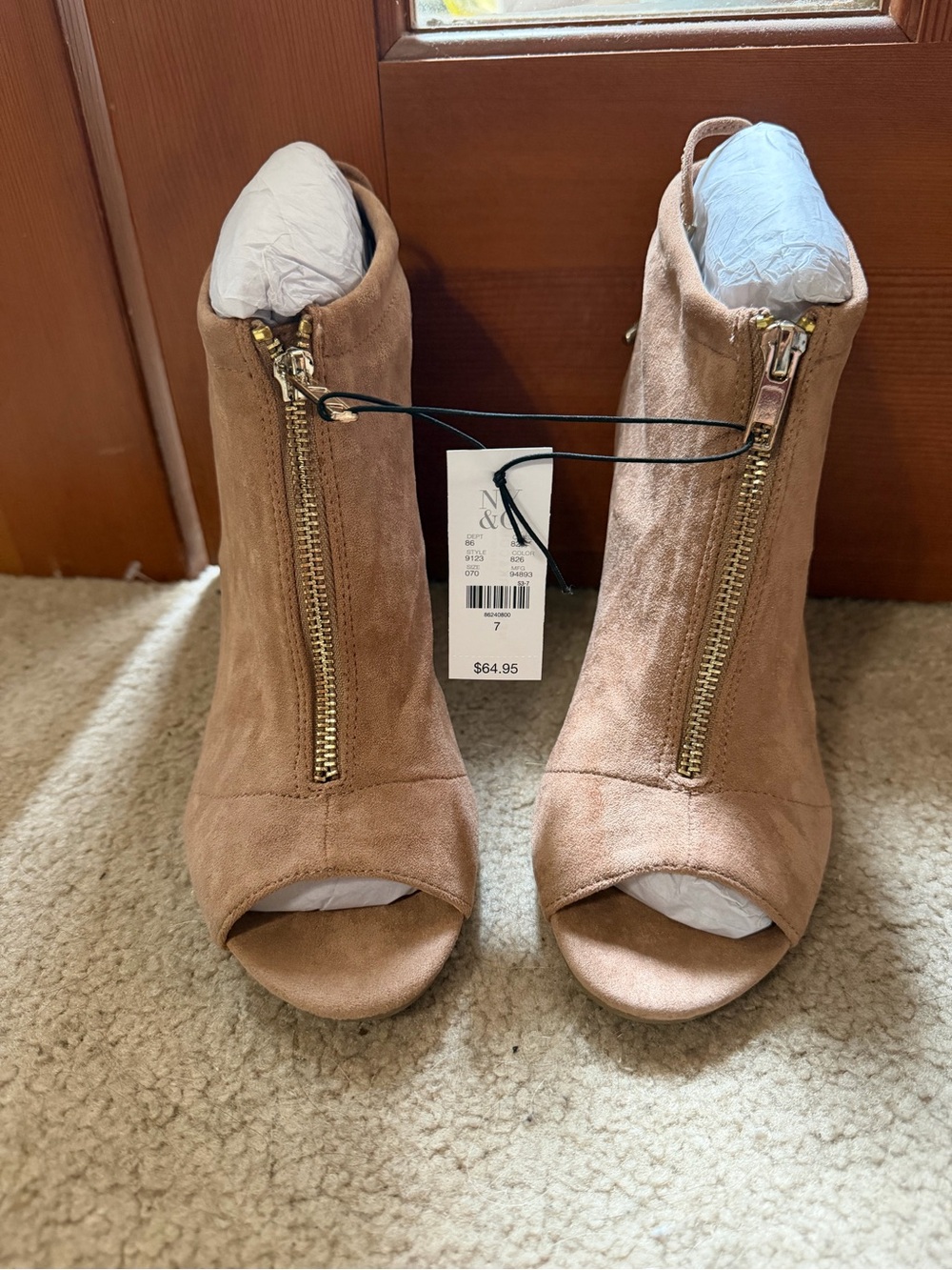 New York & Company Taupe Suede Peep-Toe Ankle Booties with Gold Zippers